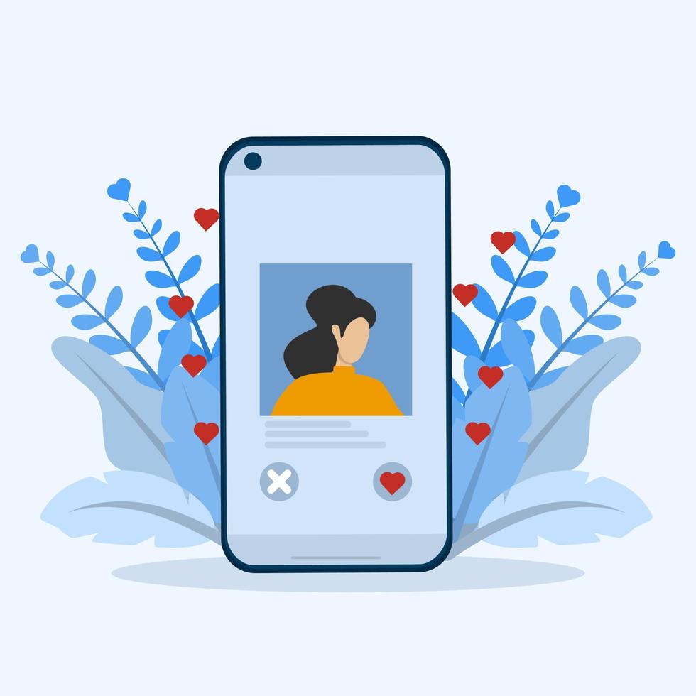 Online dating service application. smartphone with a profile of a young woman. Modern youth looking for a partner. Social media concept, virtual relationship communication. vector