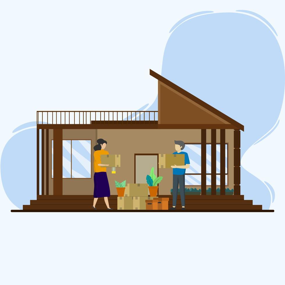 Move to new Home Concept. People have Relocation in a new place. people lift boxes filled with furniture at home. Movable Furniture with Flat Transport style design. Vector Cartoon Illustration