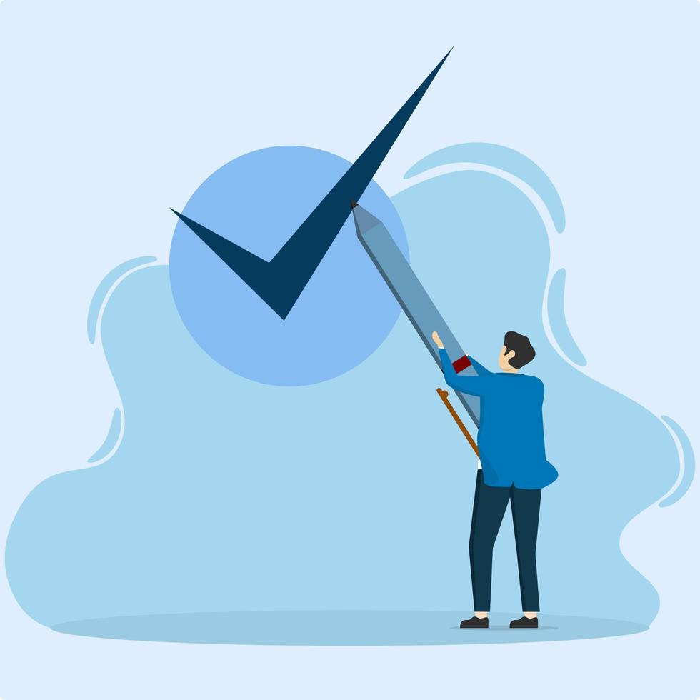 Entrepreneur checklist. Business checklist control, man entrepreneur holding pen and doing checklist. Check duty vector illustration
