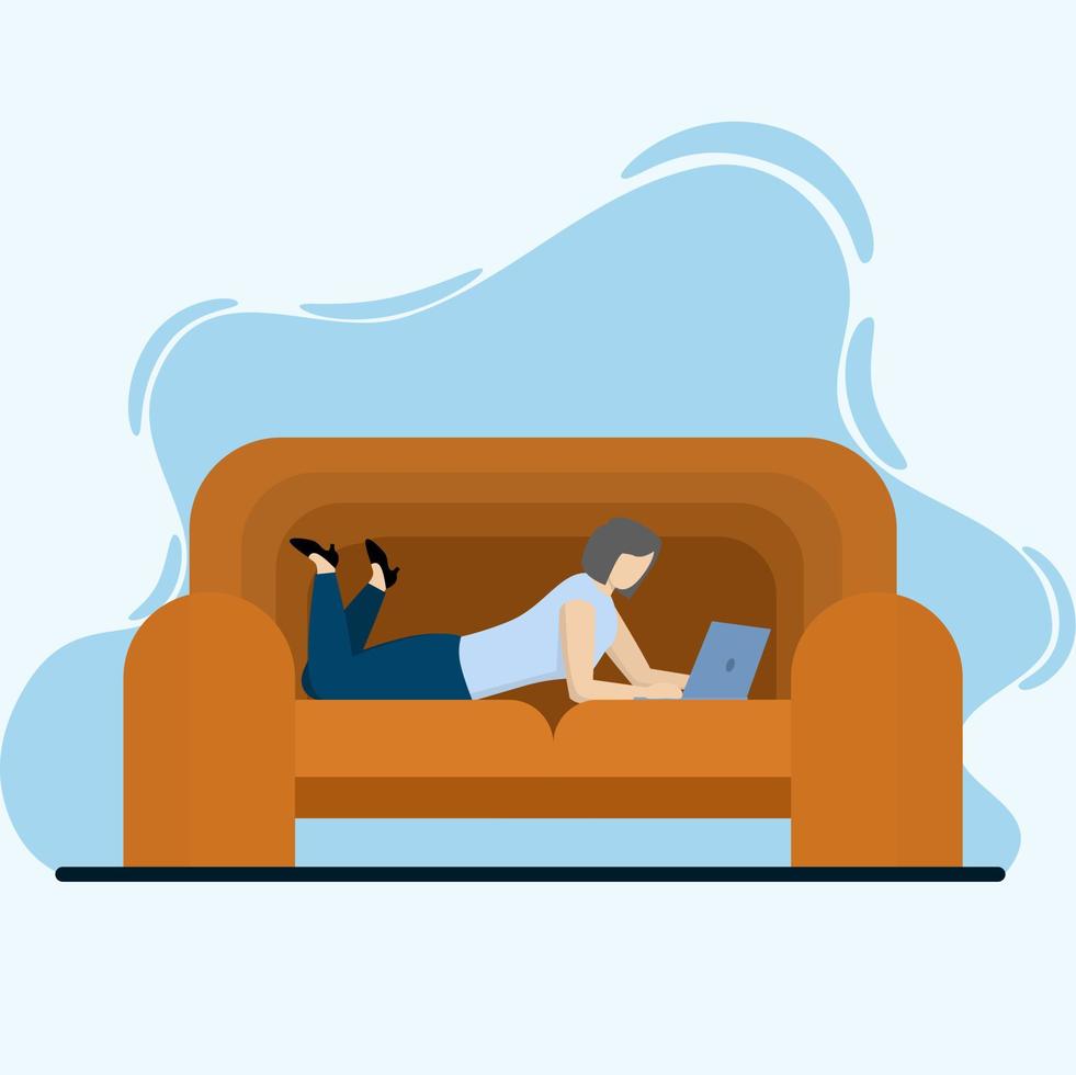 woman lying with laptop on sofa at home. Work on the computer. Freelance, online education or social media concept. Vector illustration.