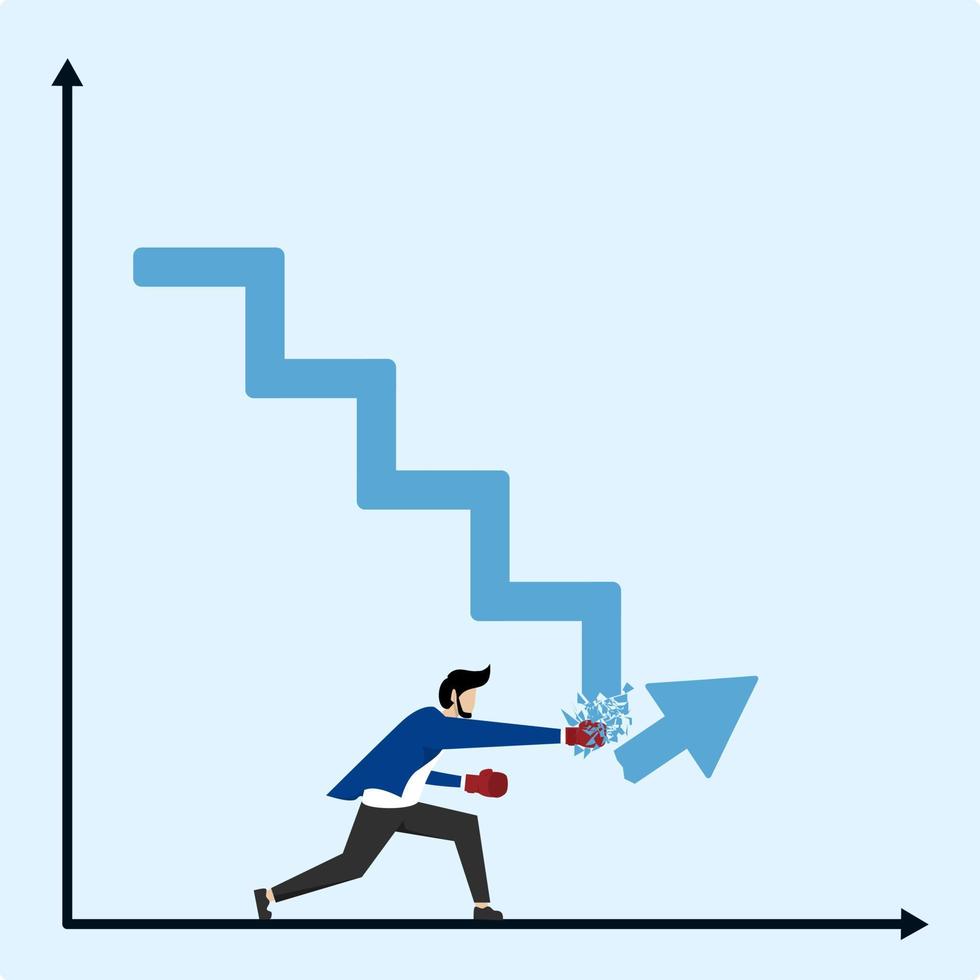 Businessman punching to change direction from falling to rising, changing market strategy to increase or rise, stock market rebound or solution for economic recovery from recession concept. vector