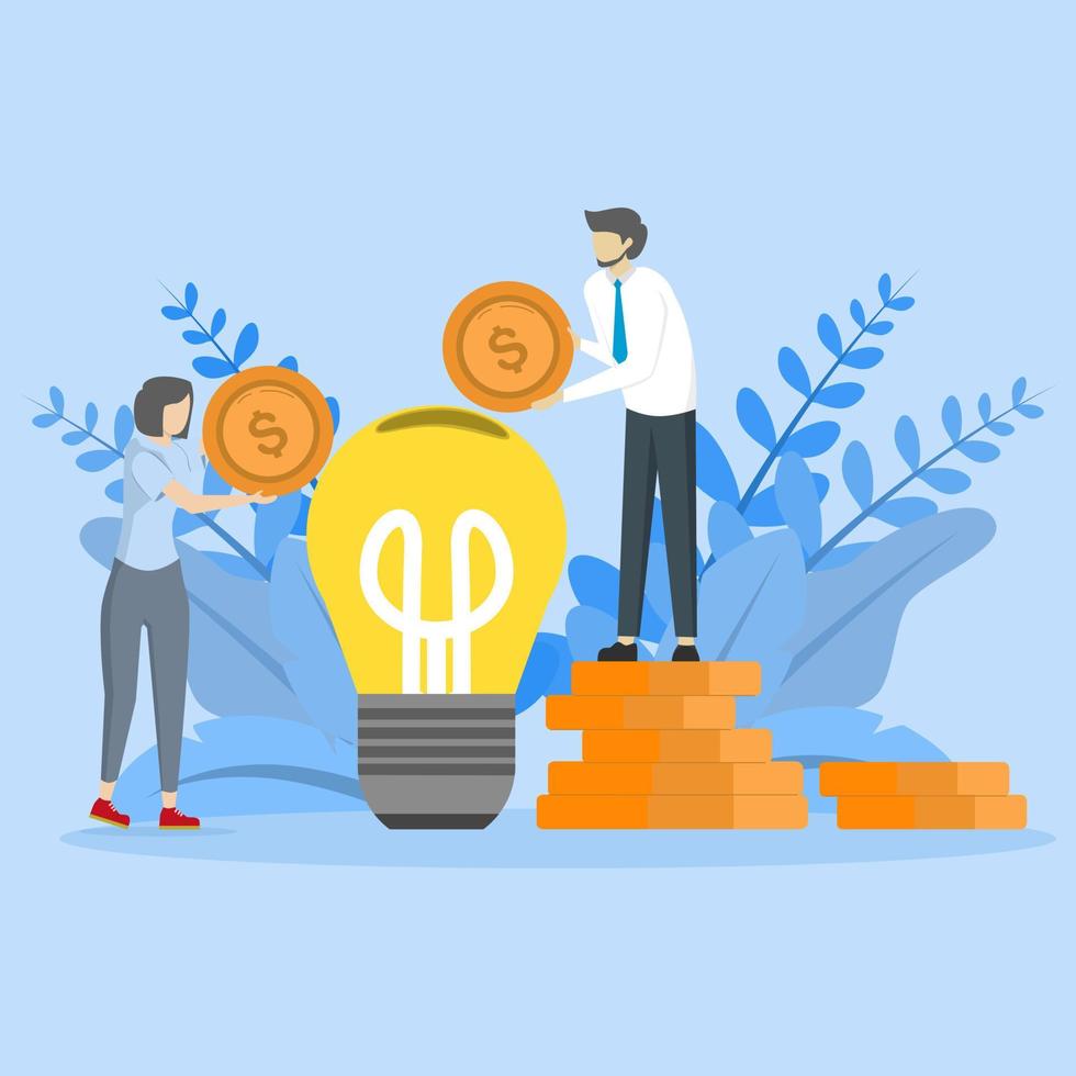 concept of investing money in an idea, innovation or technology investment or creativity to make profit concept, smart businessman putting a coin in a light bulb vector
