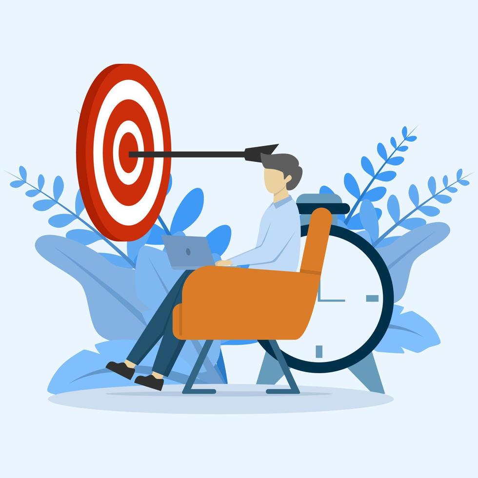 Stay focused on the concept. a man who works with a goal, focused on the target. Work in focus, productivity, self-discipline. Goal vector illustration for web design, banner, UI