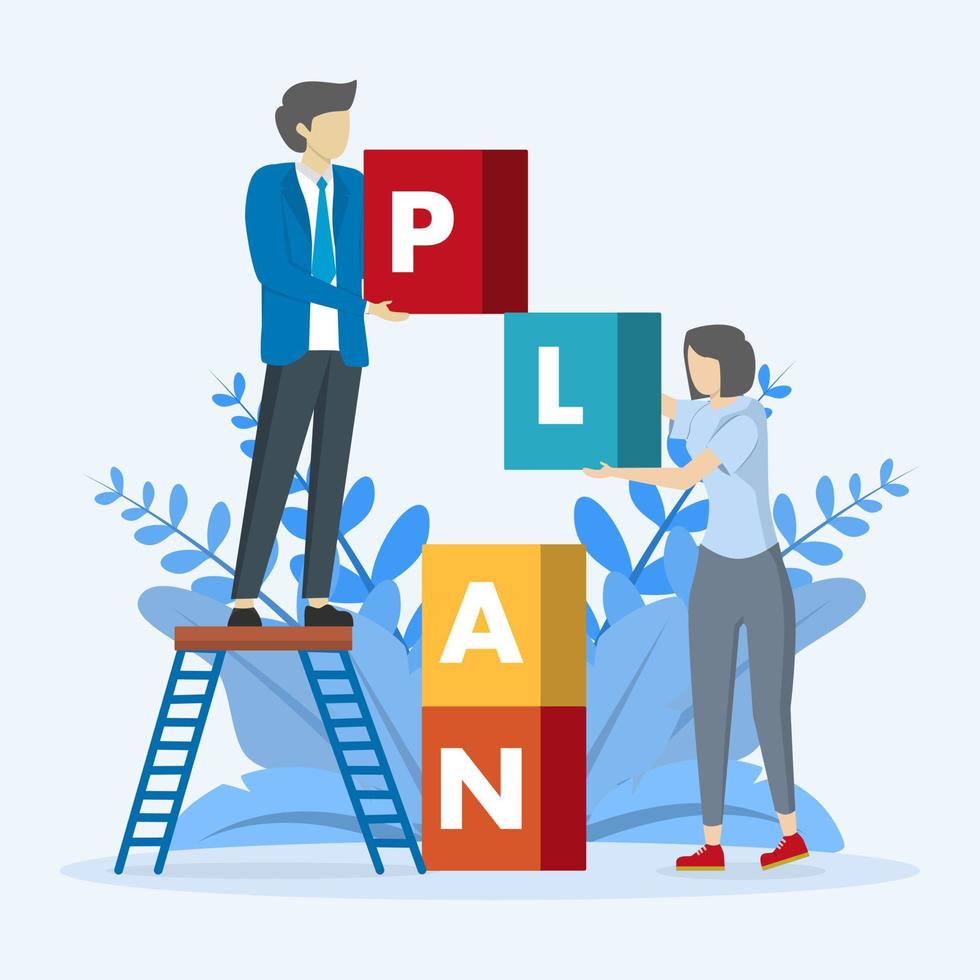 concept of planning, teamwork in team to make plan. team brainstorming or competitor analysis, concept of business success, people compiling boxes with PLAN inscription vector