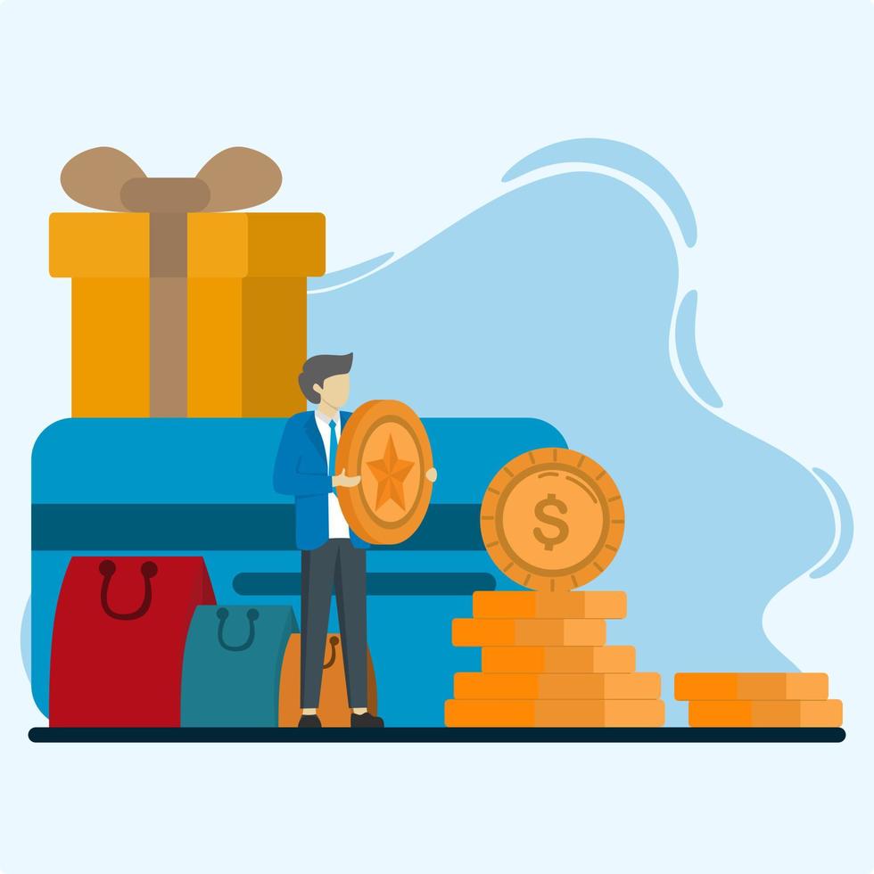 The man holding the point coin. get bonuses and cashback. Discount concept, customer service, online shopping, earn points, loyalty program, refer friends. Vector illustration in flat design