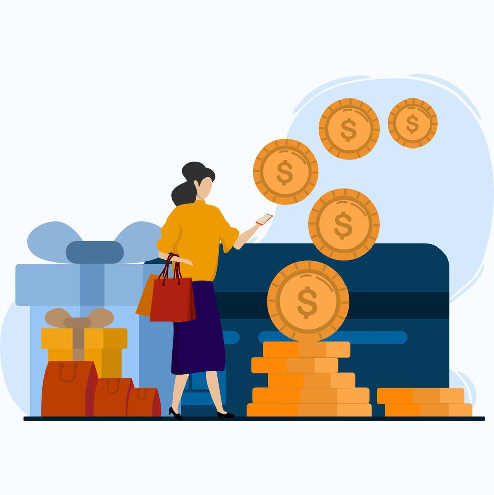 Cash Back concept for online credit card purchases with a young woman standing and holding a mobile phone. catch gold coin and cash back app on screen, color vector illustration