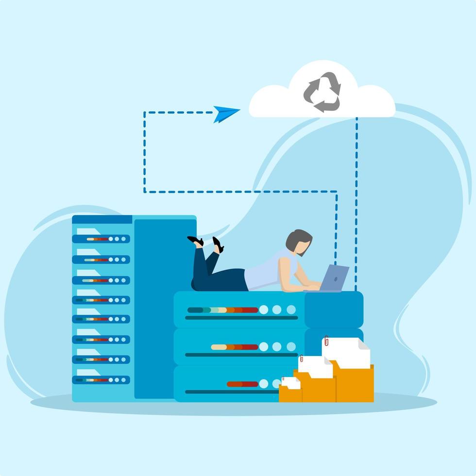 Cloud technology. woman storing data on cloud server. Cloud computing concept, web hosting, web data center, online database. Vector illustration for web banner, infographic, mobile app