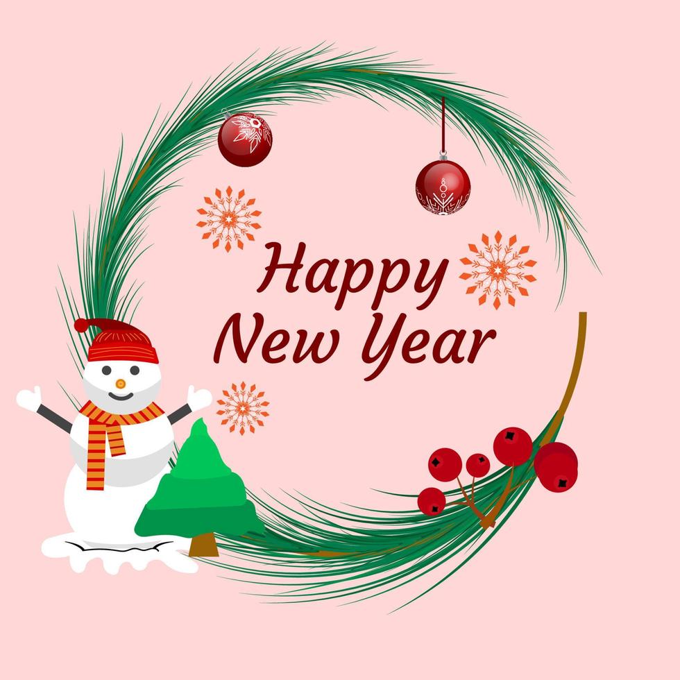 ilustración vectorial marco árbol círculo día de navidad con lindo muñeco de nieve vector