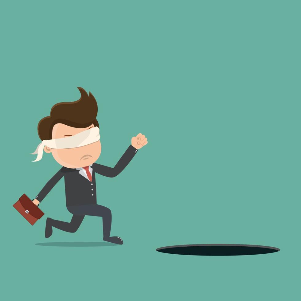 Blindfolded businessman walking into the hole. Vector illustration.