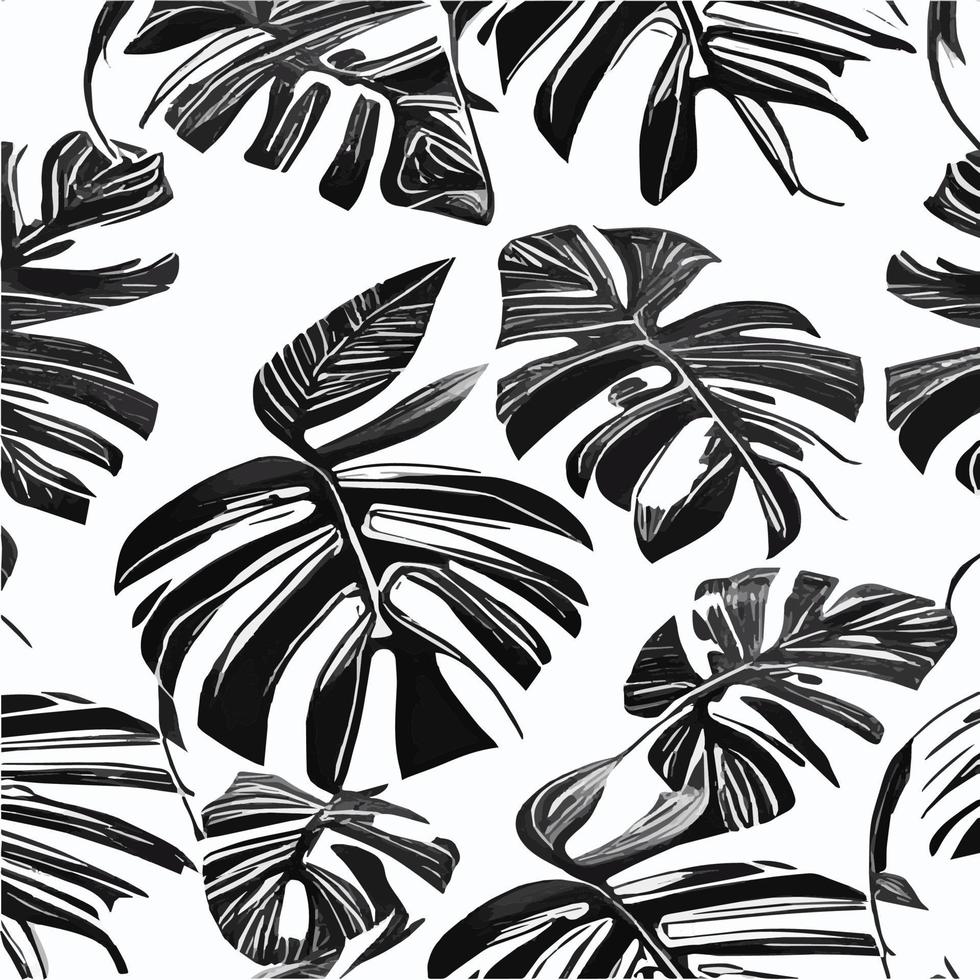 Exotic leaves seamless pattern in black and white. Stylish abstract vector decorative background. Tropical palm leaves, jungle leaf seamless vector floral pattern. Grunge tropical style wallpaper.