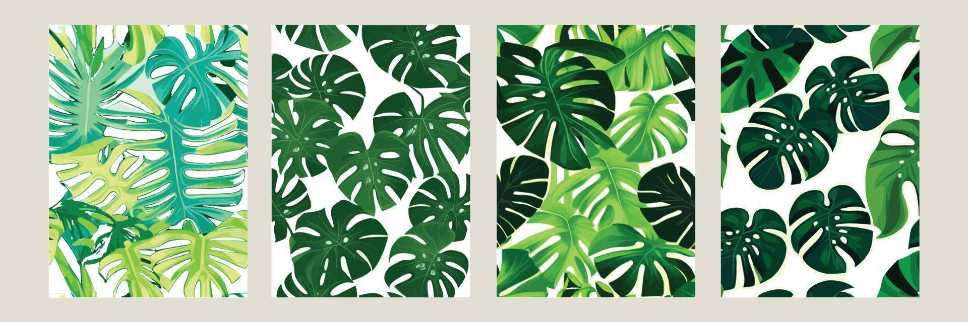 monstera verde como un patrón sobre un fondo blanco. patrón exótico con hojas tropicales. ilustración vectorial conjunto de carteles cuadrados vector