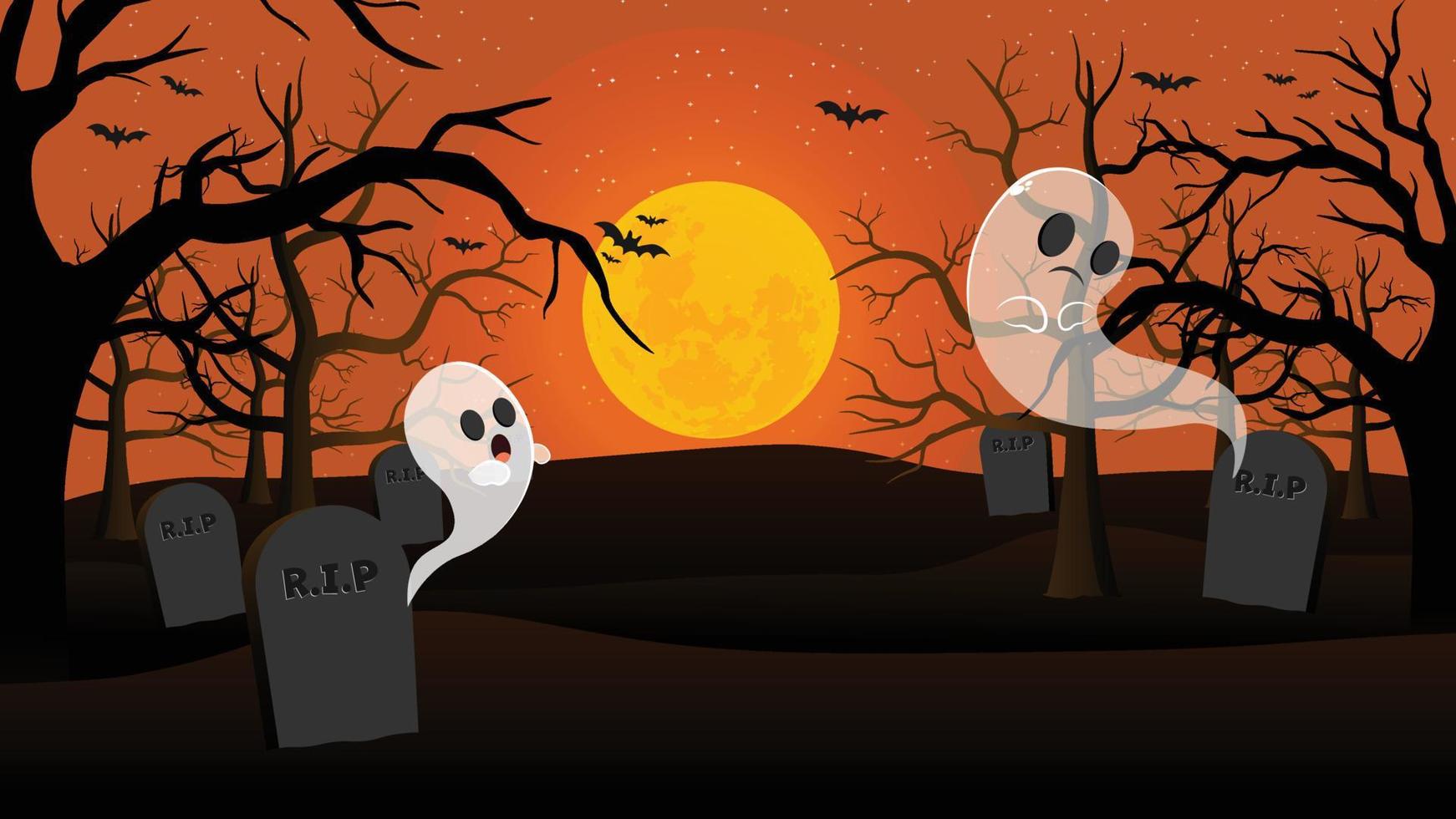 Halloween background with silhouette of cemetery and spooky trees and bats. There are two cartoon ghosts and big moon. Suitable for halloween event. vector
