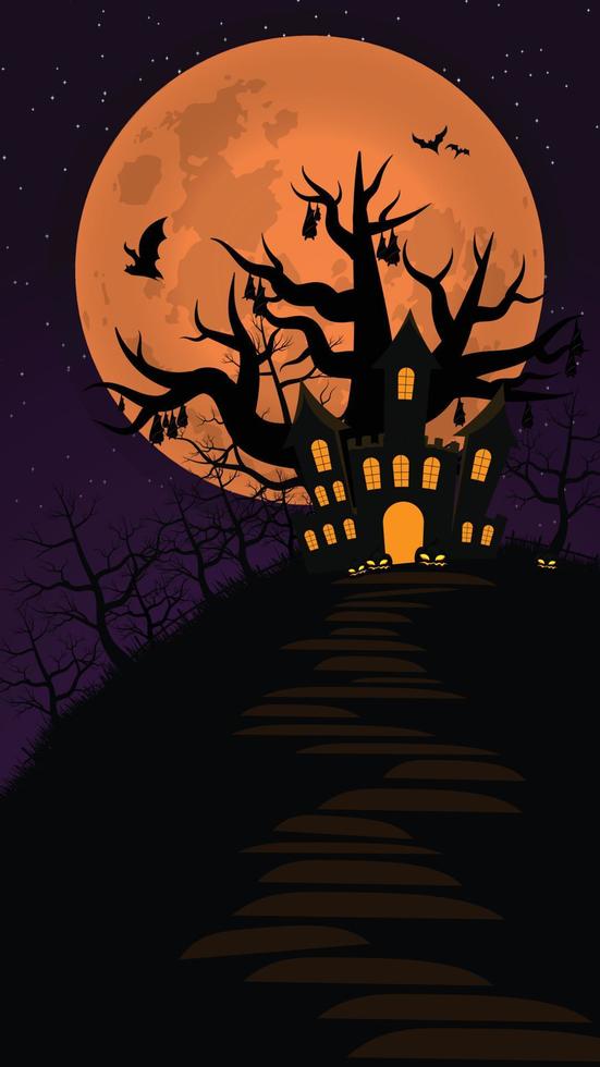 Halloween background with silhouette castle, bats and big moon. Suitable for halloween event vector