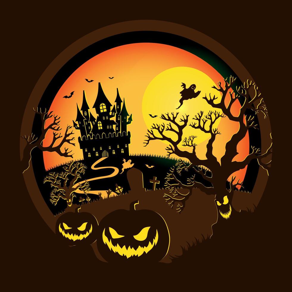 Halloween night background, pumpkins and dark castle. Halloween poster brown. vector