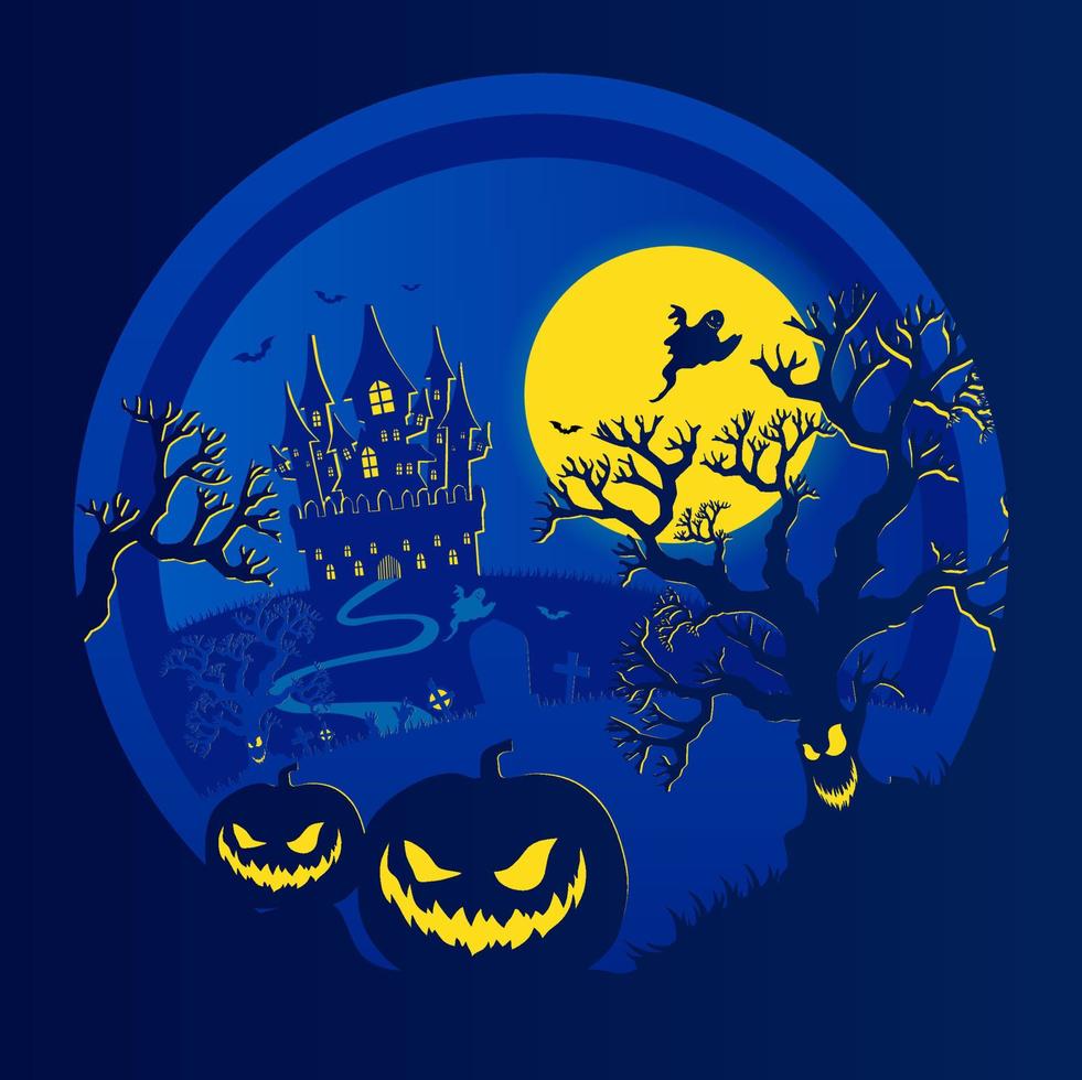 fondo de la noche de halloween, calabazas y castillo oscuro. cartel de halloween azul oscuro. vector