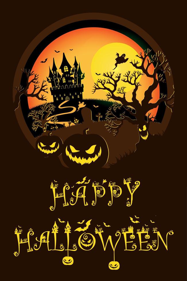 Halloween night background, pumpkins and dark castle. Halloween brown poster. vector