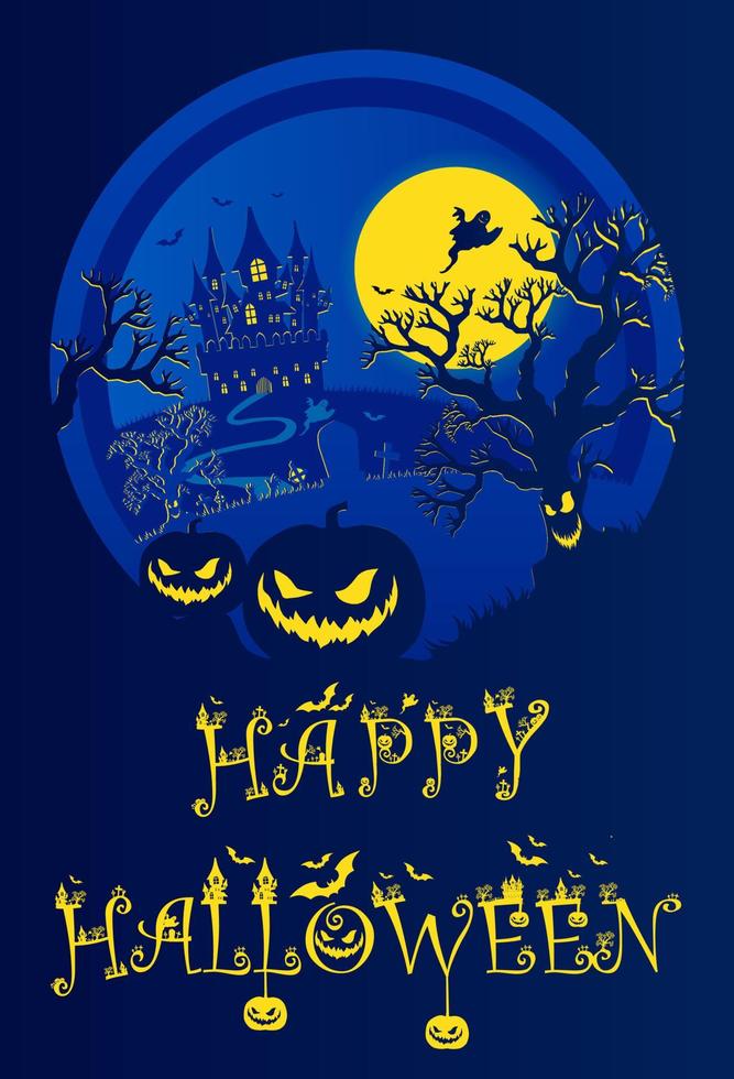 fondo de la noche de halloween, calabazas y castillo oscuro. cartel azul oscuro de halloween. vector