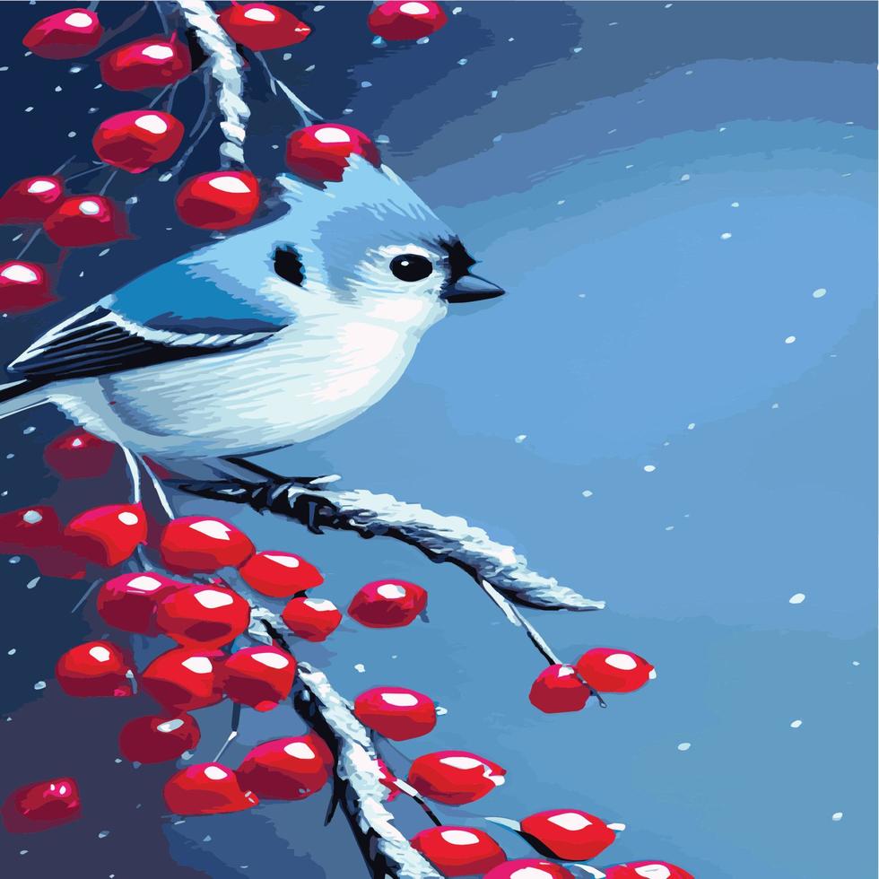 Vector realistic detailed vector illustration winter birds branches. Winter design elements Christmas, holidays. sitting branch. Winter background. Tree branch without leaves with flying birds.