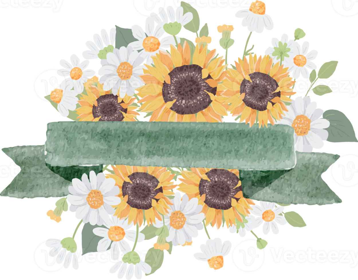 watercolor hand draw cute sunflower bouquet wreath with green ribbon png