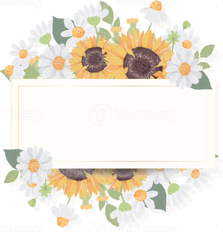 hand draw cute sunflower bouquet wreath with golden frame png