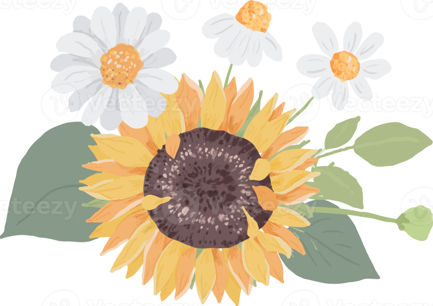watercolor hand draw cute yellow sunflower and white daisy flower bouquet png