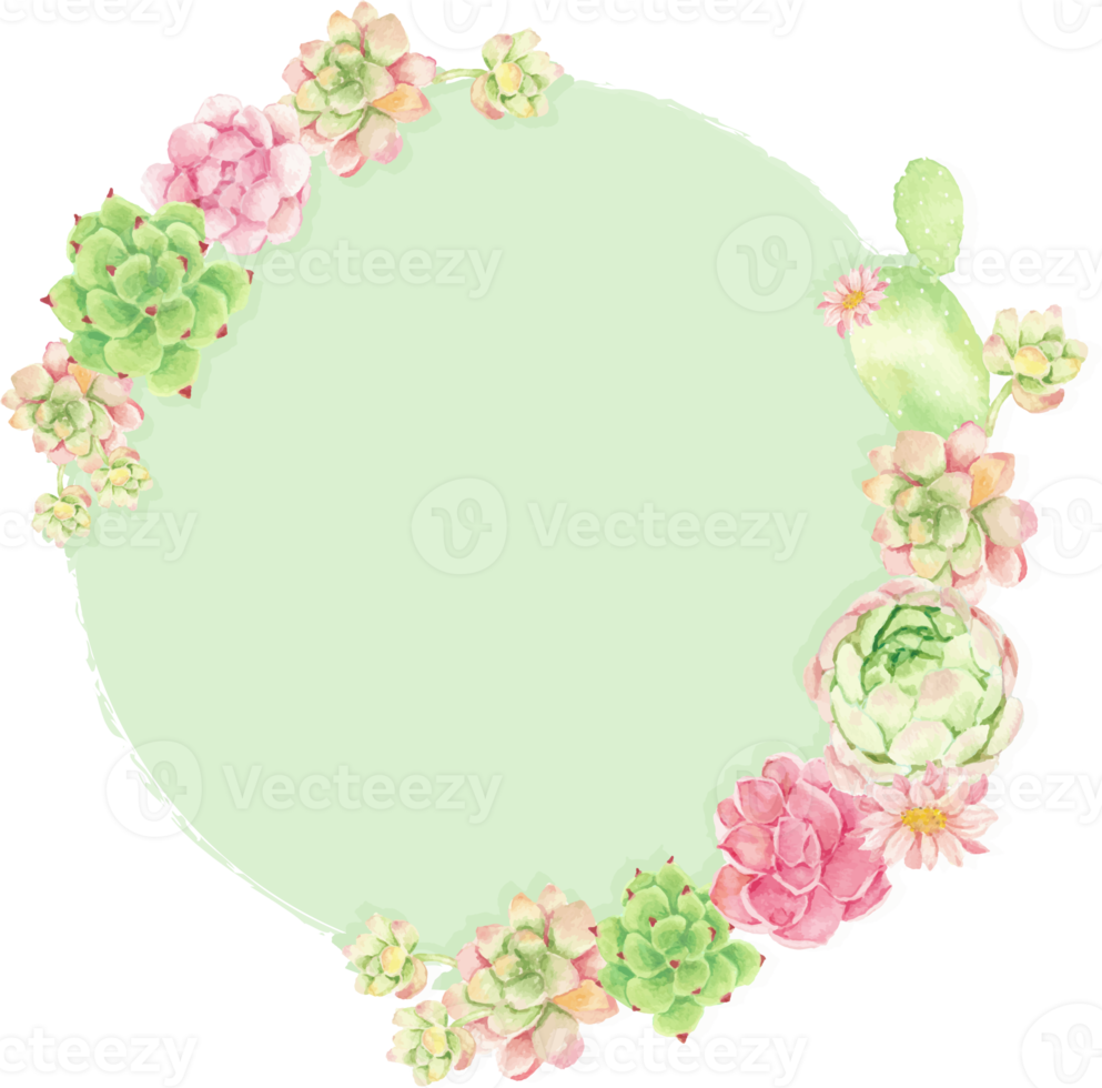 watercolor cactus and succulent round wreath frame banner or invitation card background png