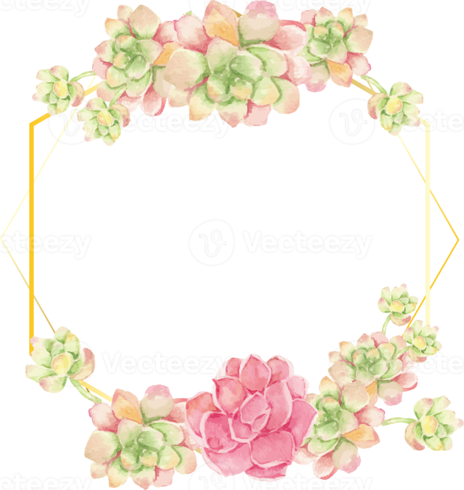watercolor cactus and succulent bouquet arrangement on geometry gold wreath frame png