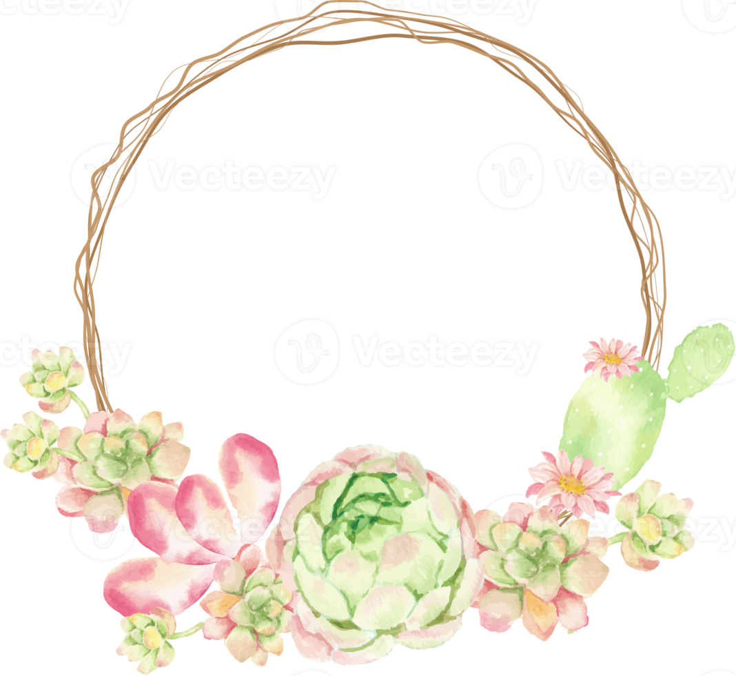 watercolor cactus and succulent bouquet arrangement on dry twig wreath frame png