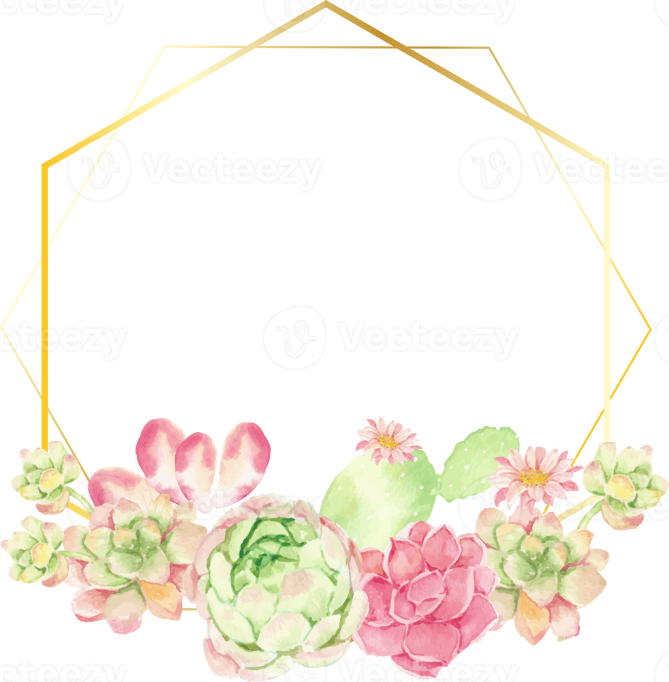 aquarellkaktus und saftiges blumenstraußarrangement auf geometriegoldkranzrahmen png