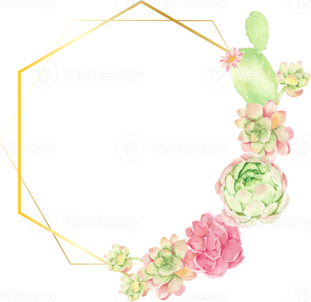 vattenfärg kaktus och saftig bukett arrangemang på geometri guld krans ram png