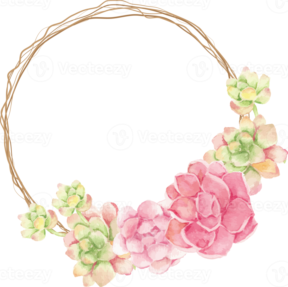 watercolor cactus and succulent bouquet arrangement on dry twig wreath frame png