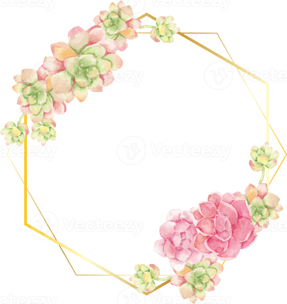 watercolor cactus and succulent bouquet arrangement on geometry gold wreath frame png