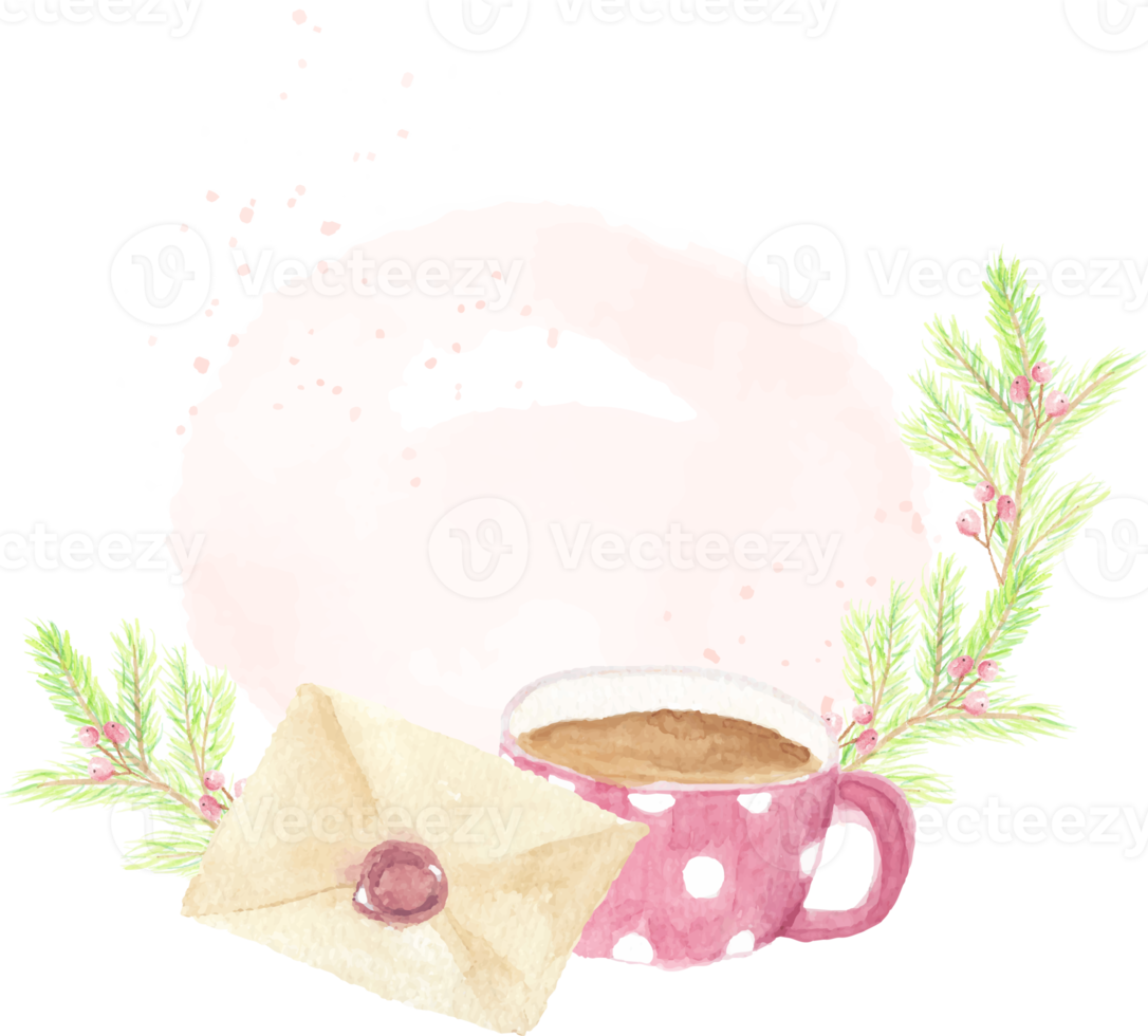 weihnachten heißer schokolade tasse briefumschlag mit kiefernblatt kranz rahmen png