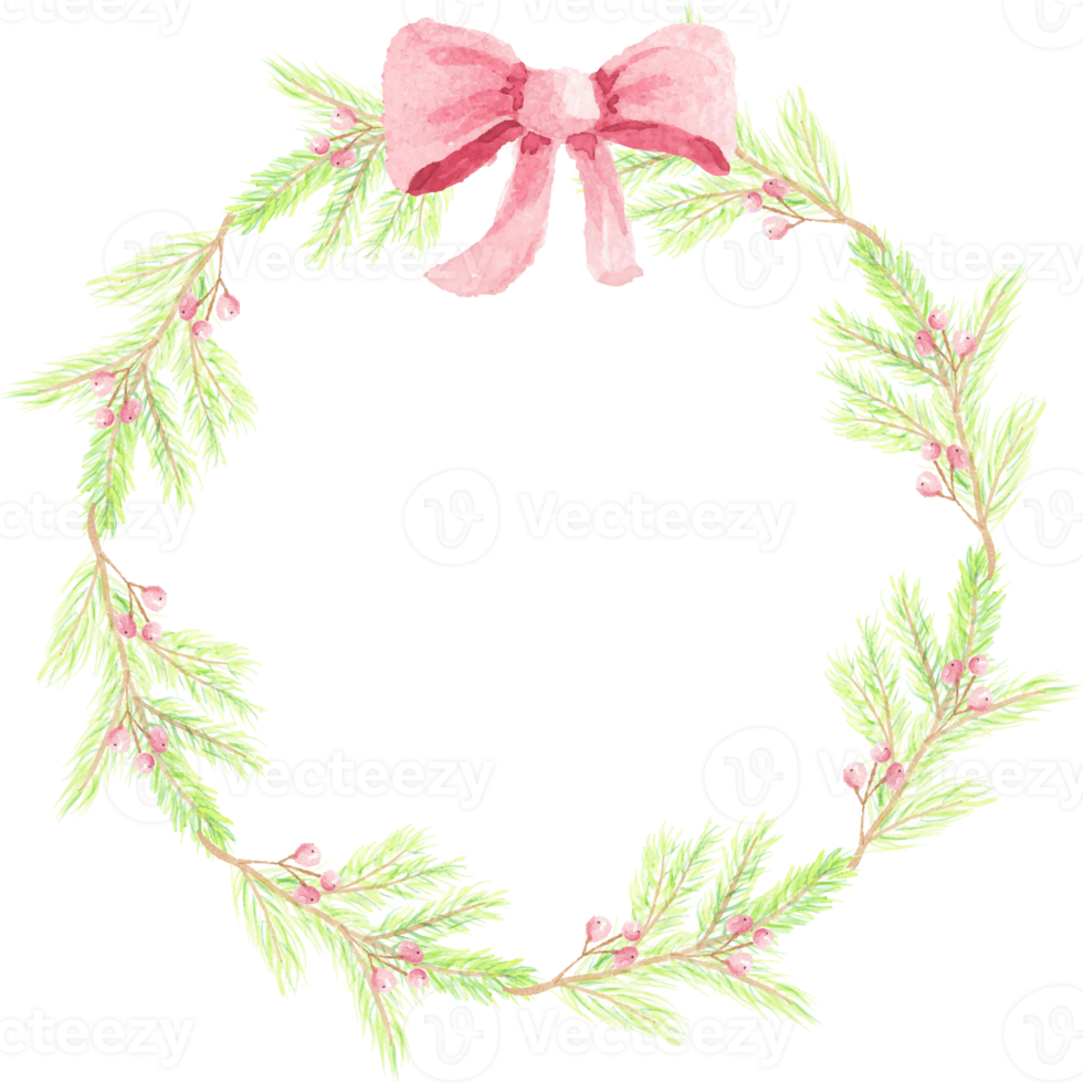 vattenfärg jul tall blad röd bär med röd band krans ram med kopia Plats png