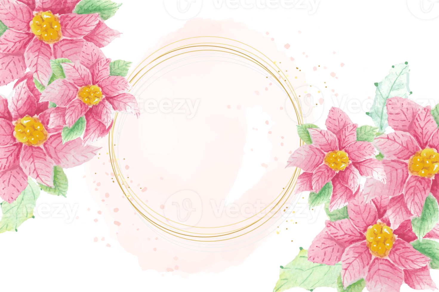 watercolor Christmas poinsettia flower bouquet with circle golden frame png