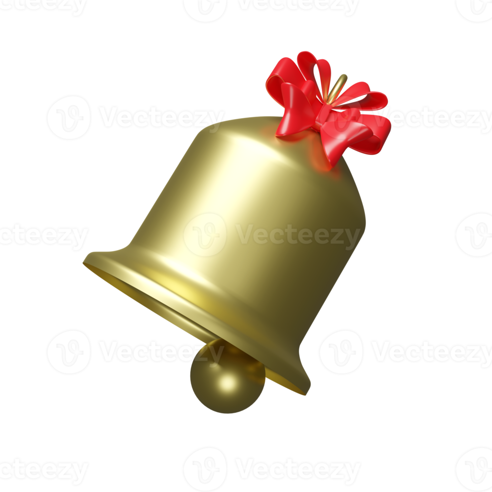 golden color Jingle bell and red bow icon isolated. Concept Christmas and festive New Year, 3d illustration or 3d render png