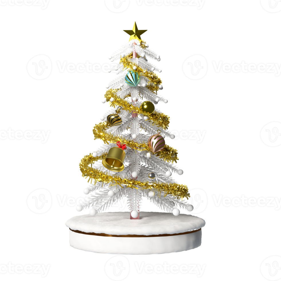 Christmas tree with snow and ornaments isolated. Concept Christmas and a festive New Year, 3d illustration or 3d render png