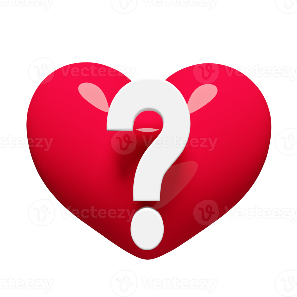 3d red heart with white question mark symbol icon isolated. FAQ or frequently asked questions for how is love, minimal concept, 3d render illustration png