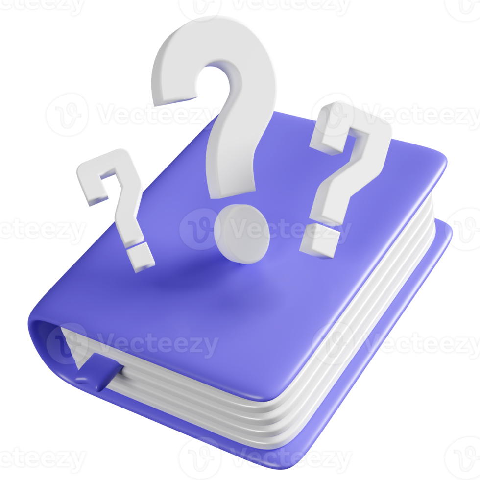 3d book with white question mark symbol icon isolated. FAQ or frequently asked questions, minimal concept, 3d render illustration png