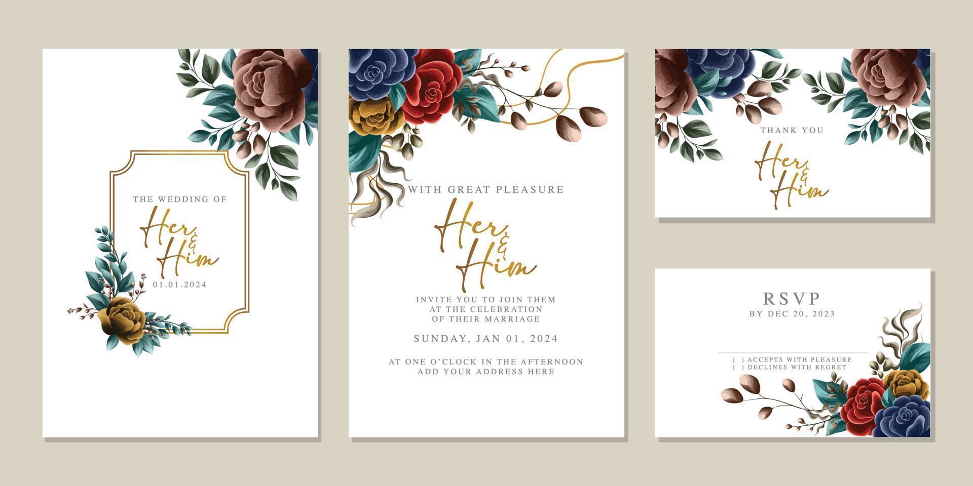 plantilla de fondo de tarjeta de invitación de boda de flores hermosas de lujo vector