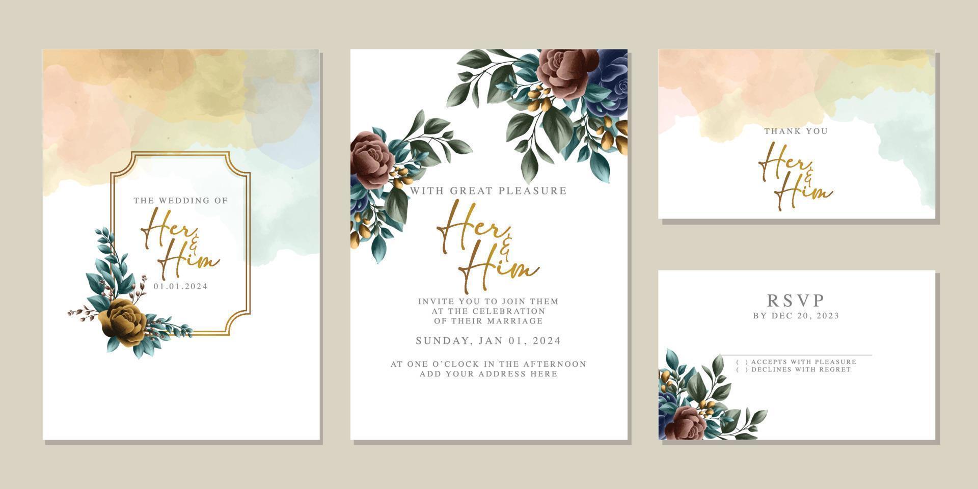 plantilla de fondo de tarjeta de invitación de boda de flores hermosas de lujo vector