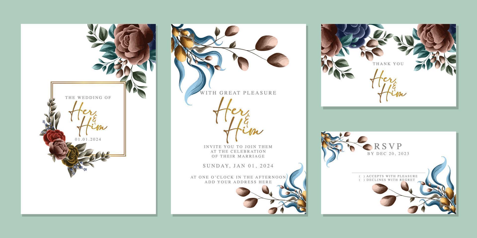 plantilla de fondo de tarjeta de invitación de boda de flores hermosas de lujo vector