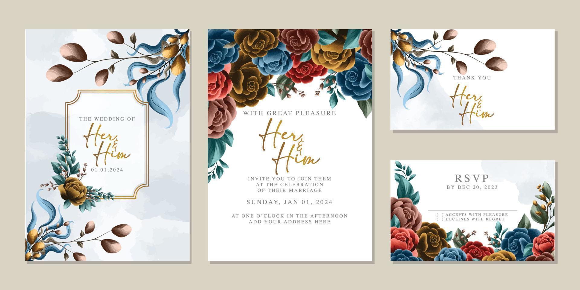 plantilla de fondo de tarjeta de invitación de boda de flores hermosas de lujo vector