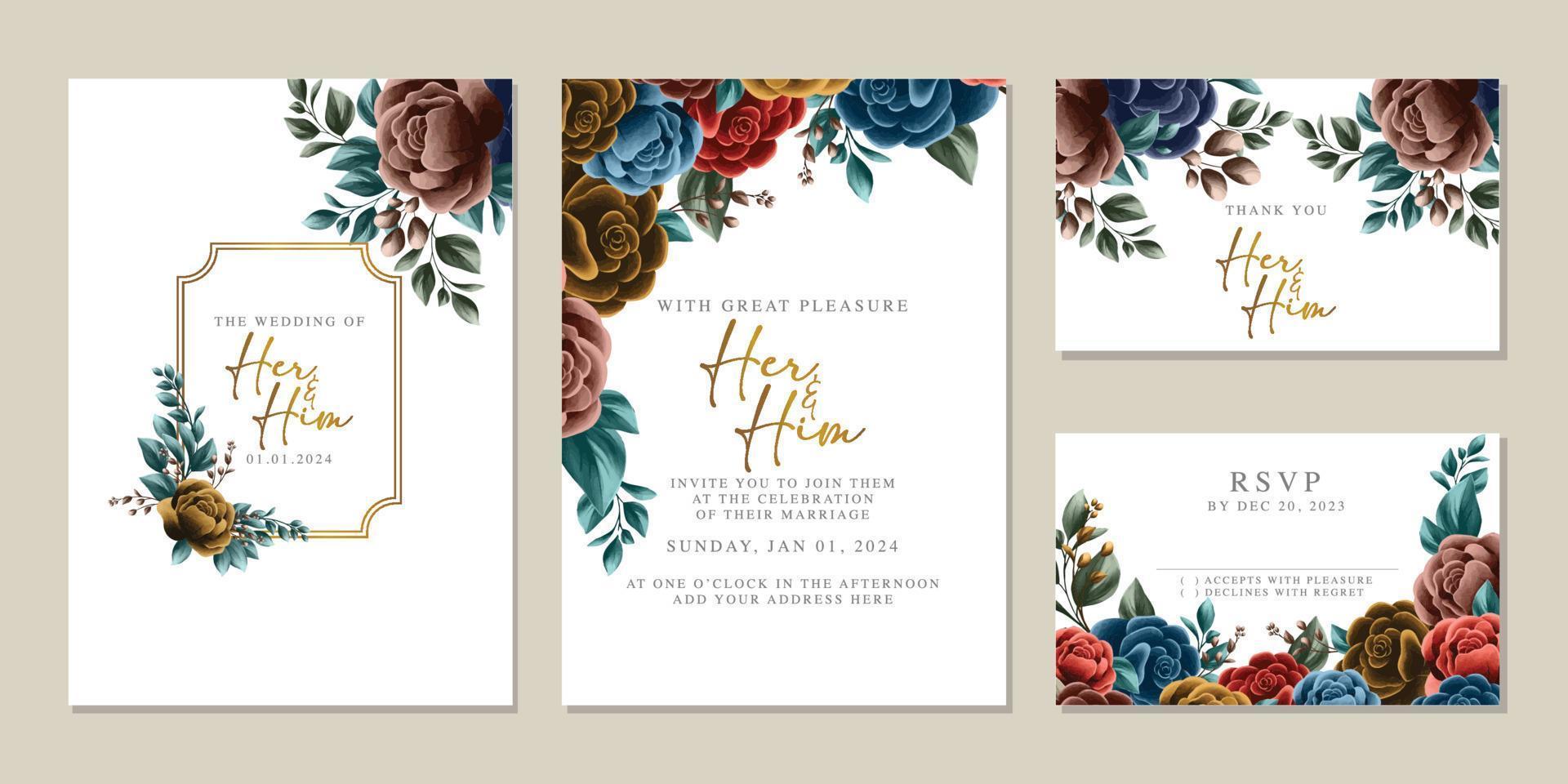 plantilla de fondo de tarjeta de invitación de boda de flores hermosas de lujo vector