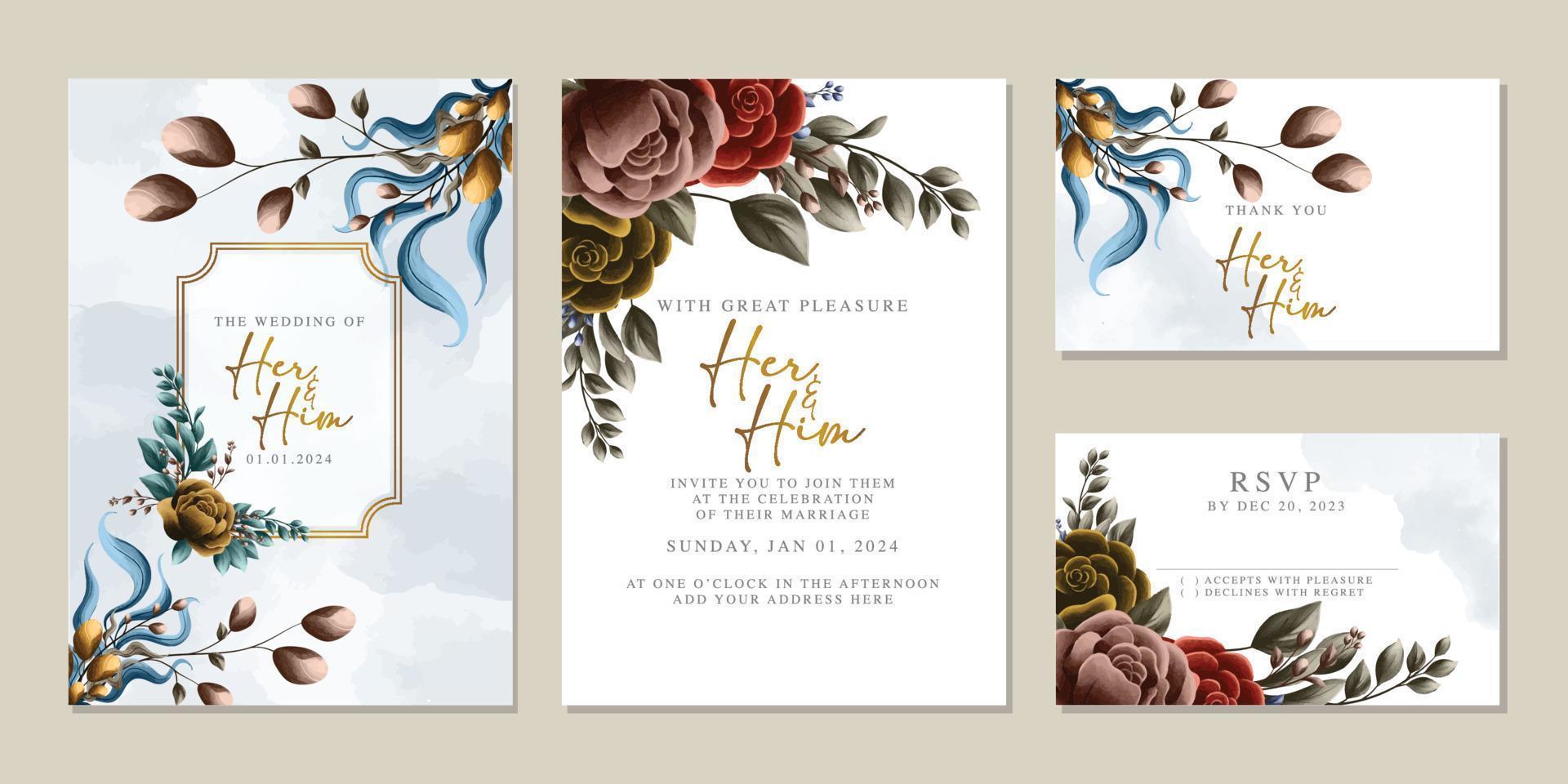 Luxury beautiful flowers wedding invitation card background template vector