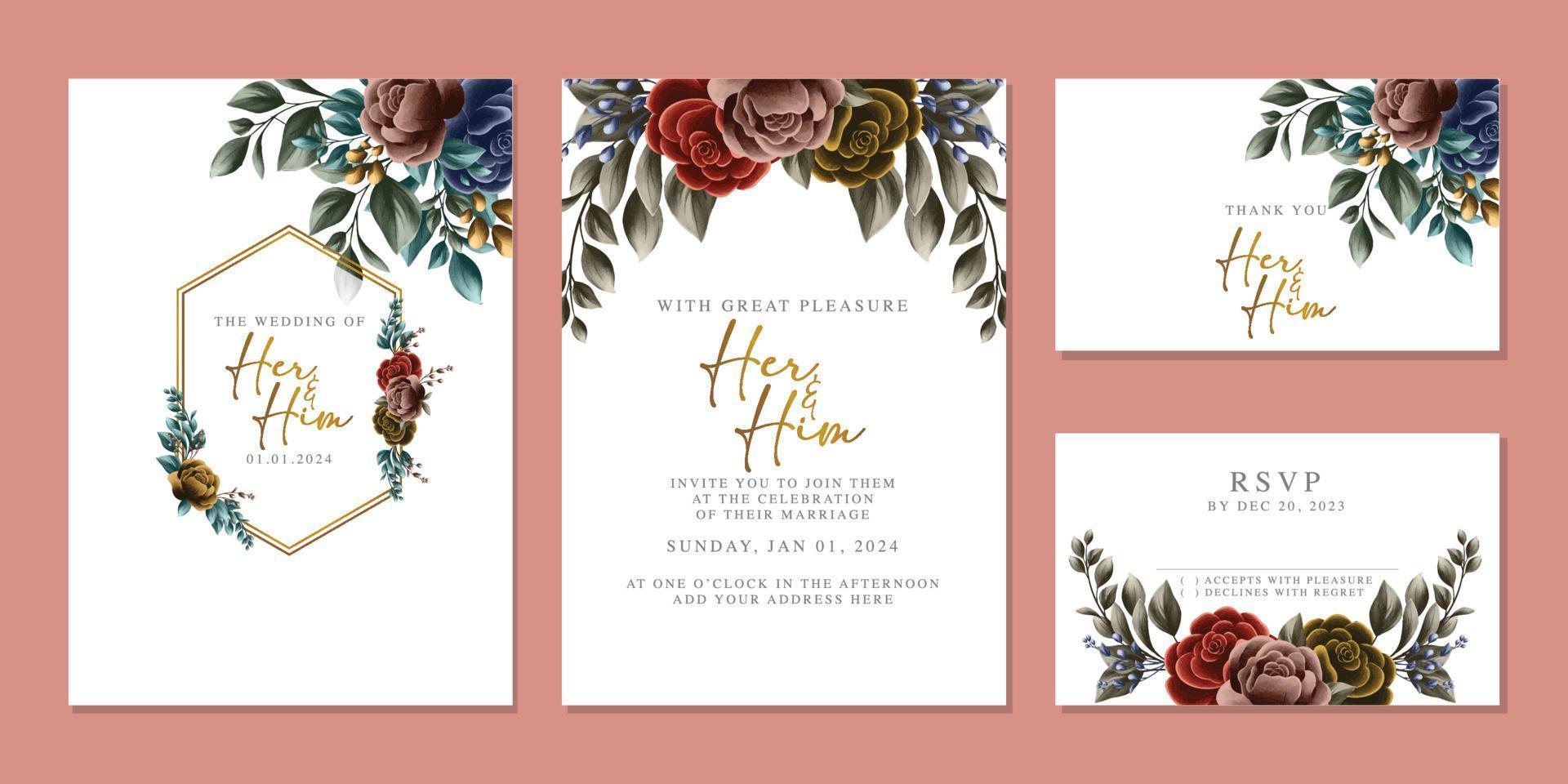 plantilla de fondo de tarjeta de invitación de boda de flores hermosas de lujo vector