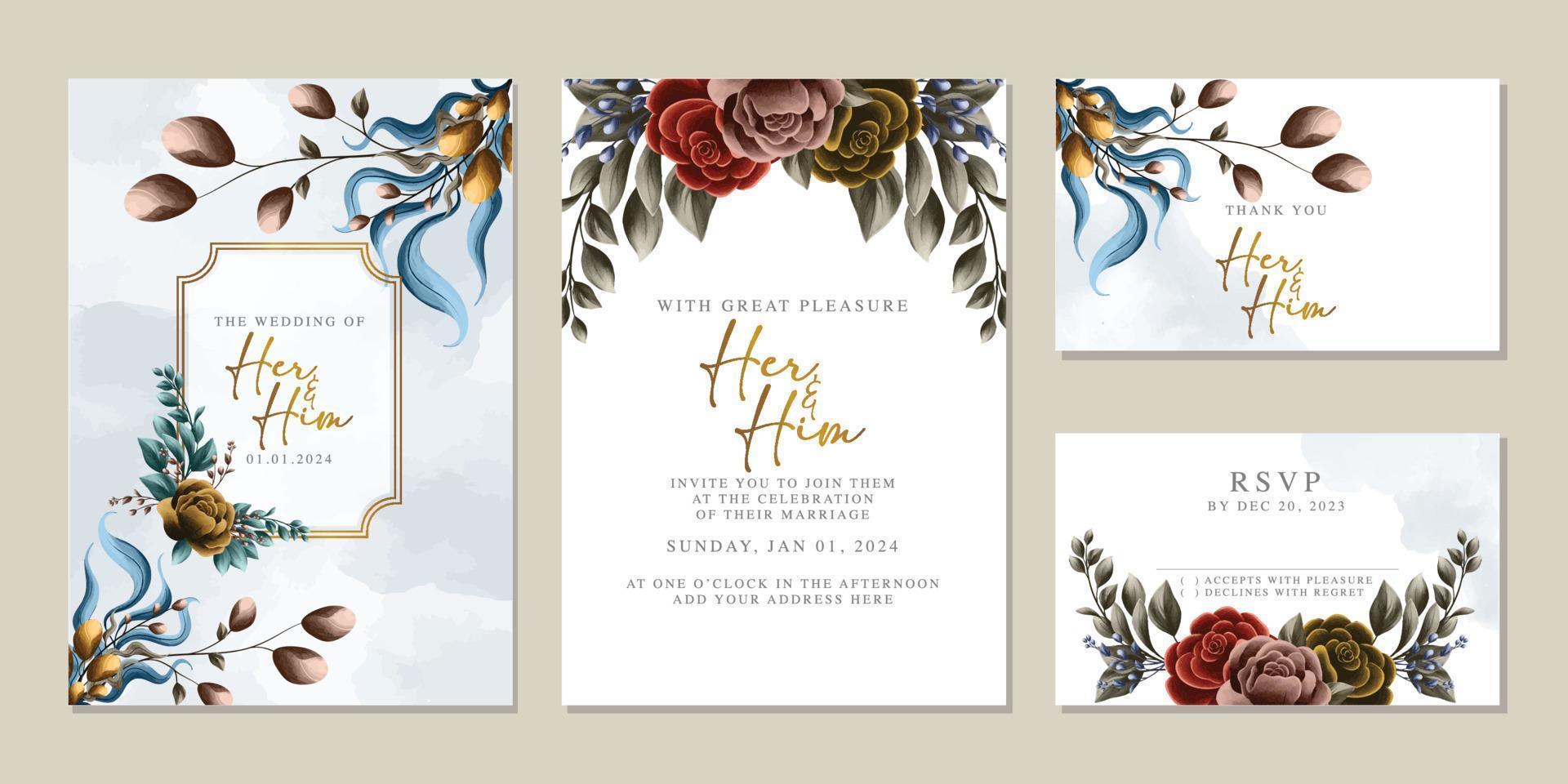 Luxury beautiful flowers wedding invitation card background template vector