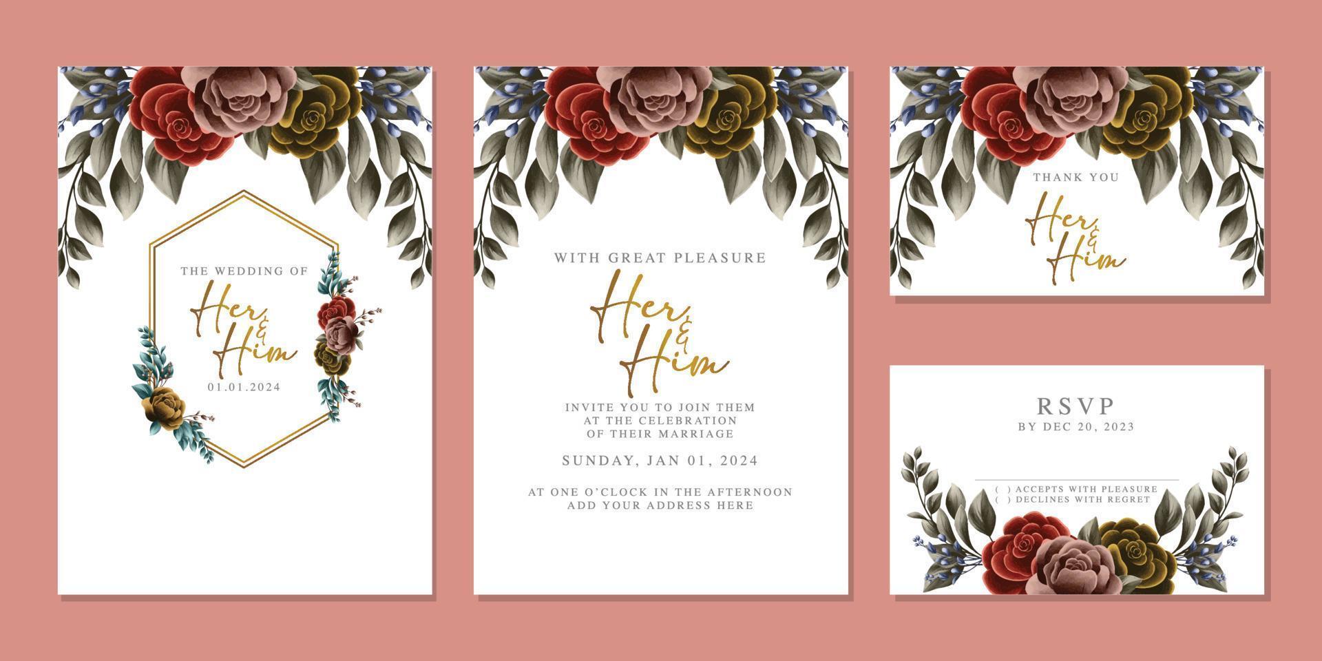 Luxury beautiful flowers wedding invitation card background template vector