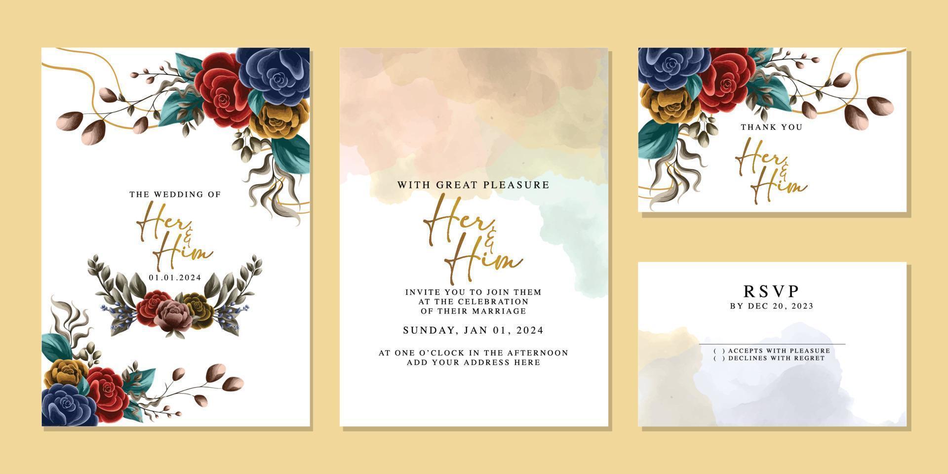 Luxury beautiful flowers wedding invitation card background template vector