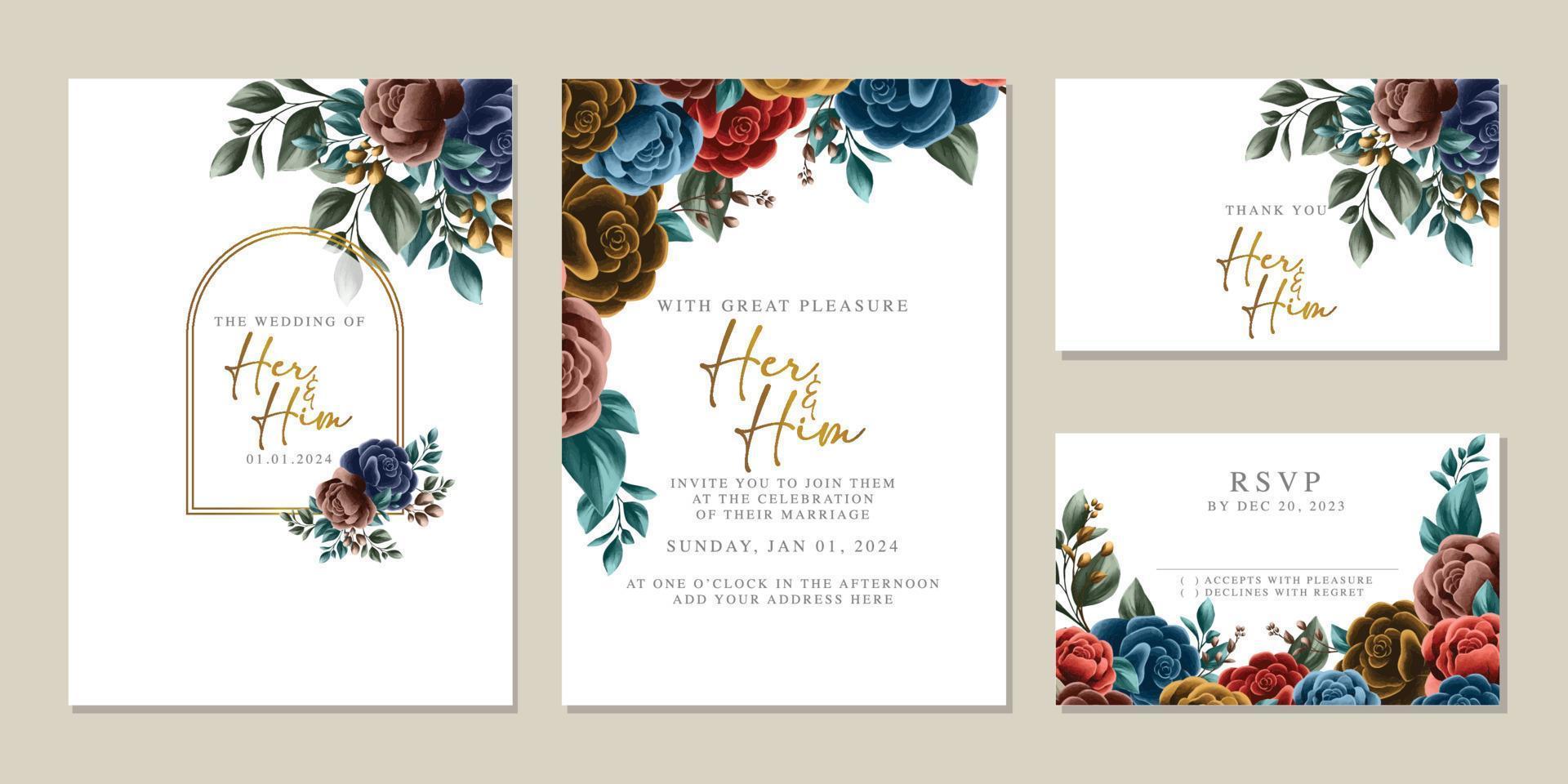 plantilla de fondo de tarjeta de invitación de boda de flores hermosas de lujo vector